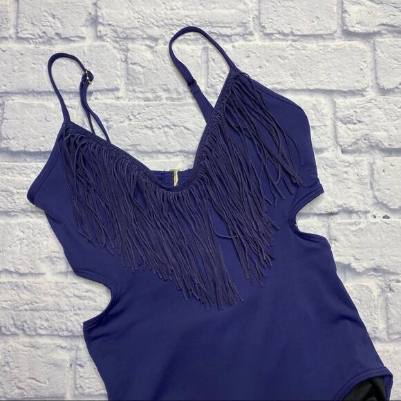 Vince Camuto Swim Tassle Suede Fringe One Piece Swimsuit in Navy - Picture 2 of 9